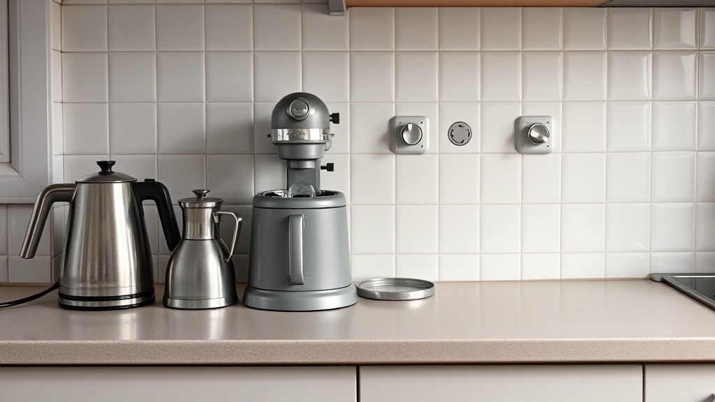Small kitchen appliances standing along a worktop in early morning light, flexes running to a row of sockets.