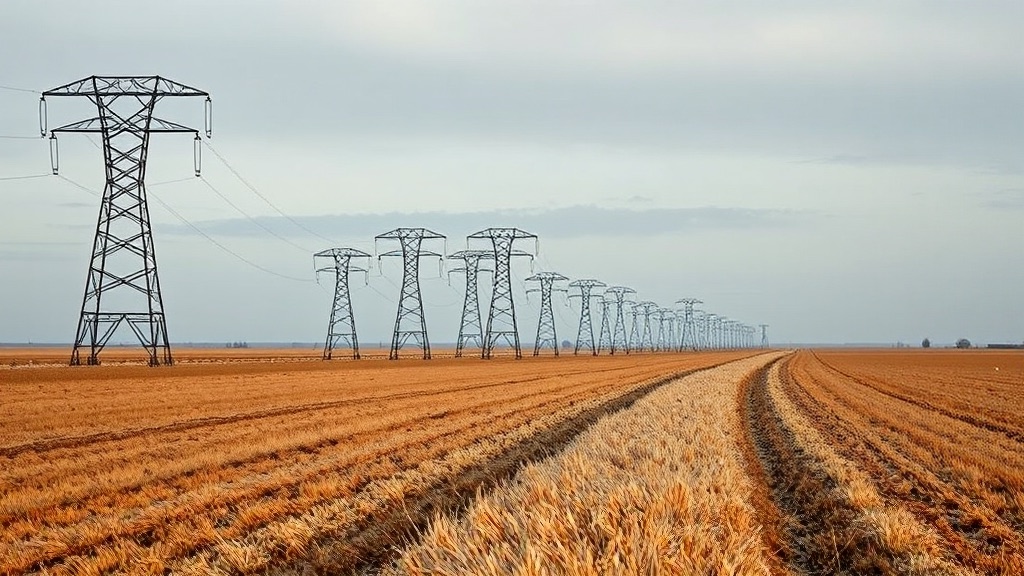 Steel transmission towers receding across flat winter farmland under low cloud.