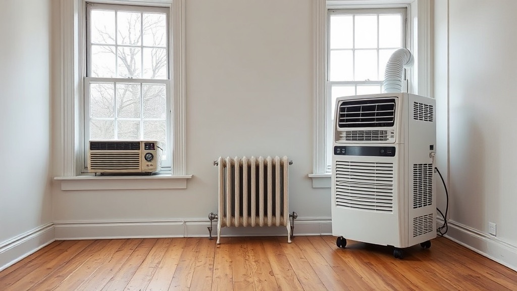 A window air conditioner and a portable air conditioner in the same bare room, shot square on side by side.