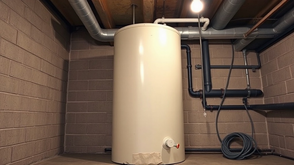 A tall electric hot water storage tank standing in a basement utility room with lagged pipework running into the joists above.