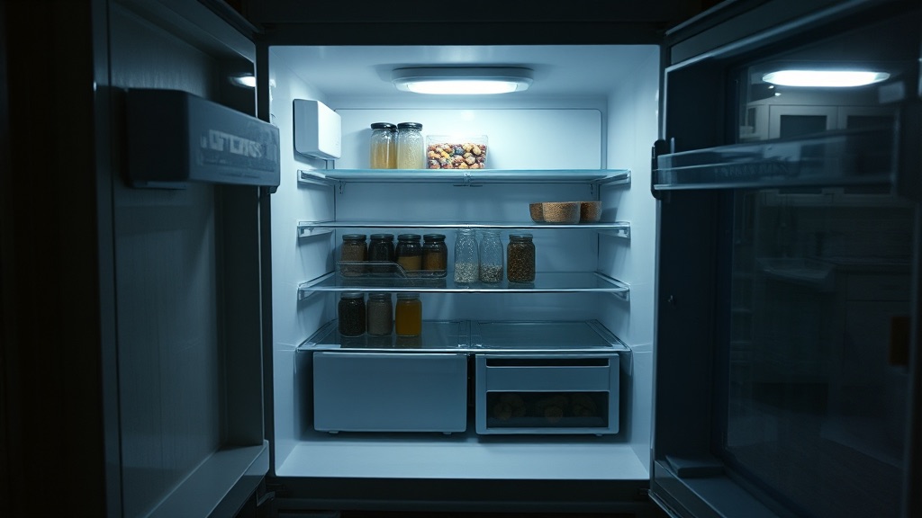 An open refrigerator lightly stocked with jars and vegetables, its interior light spilling into an otherwise dark kitchen.