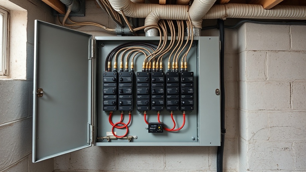 An open domestic breaker panel with rows of circuit breakers and three current clamp sensors fitted around the incoming mains cables.