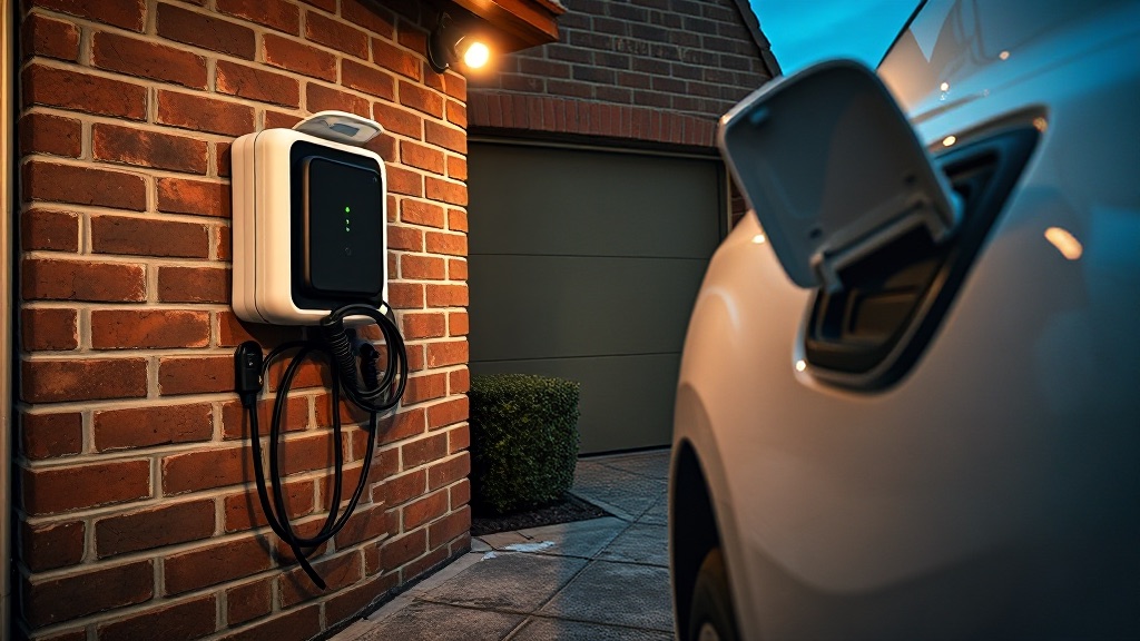 A wall-mounted home EV charger on a brick garage wall at dusk, its cable coiled on the hook below it, with the flank of a parked car alongside and its charging flap open.