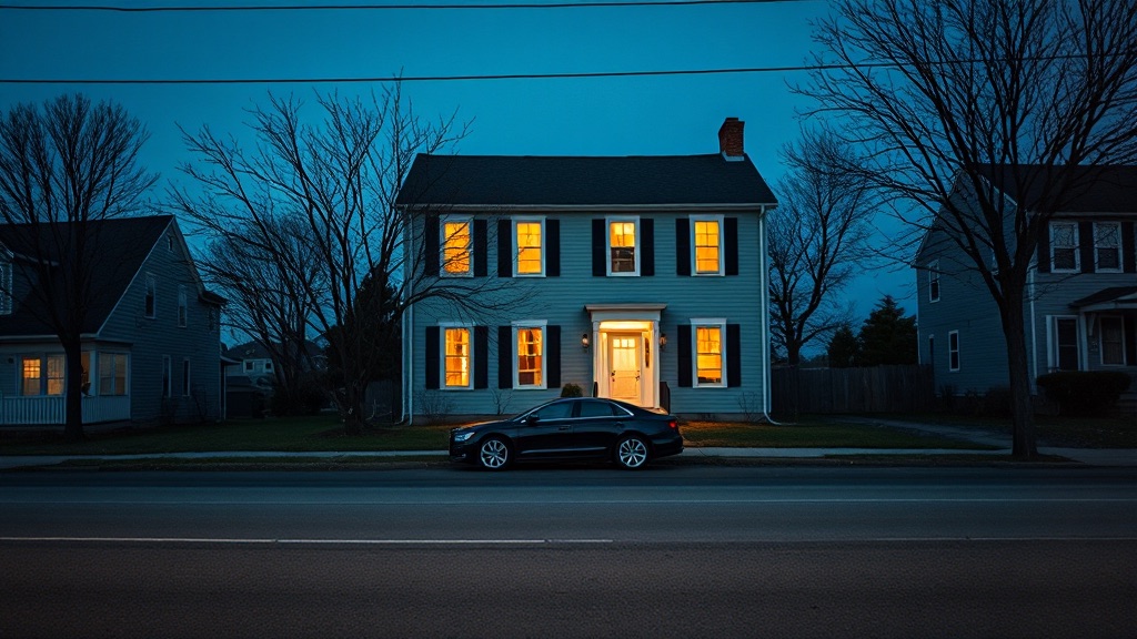 A clapboard house at dusk seen from across the street, warm light in the kitchen and one upstairs window.