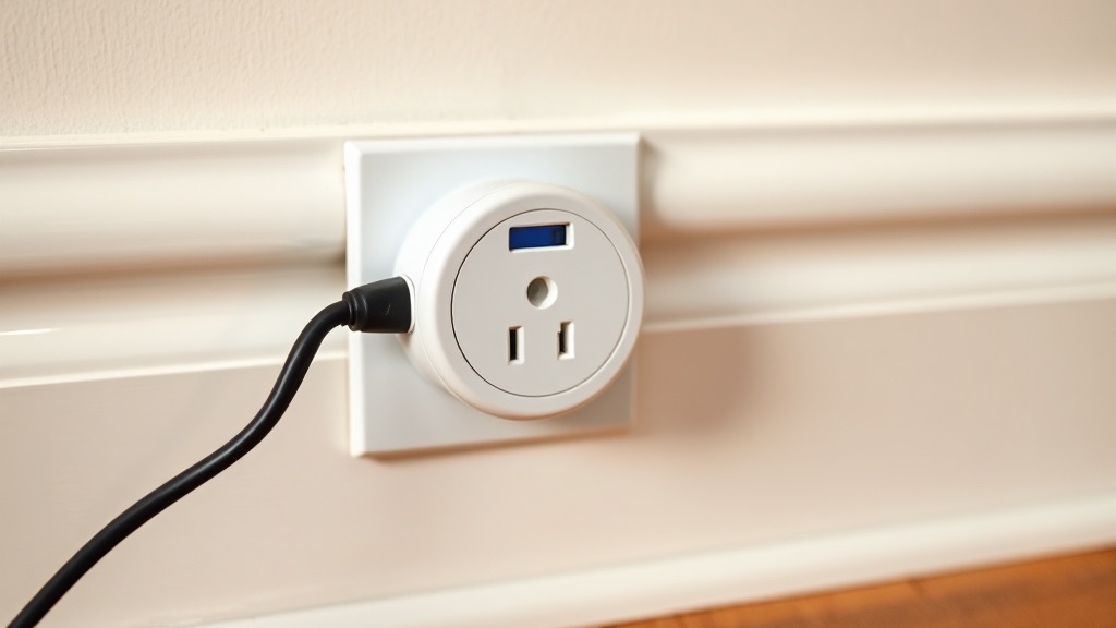 A plug-in electricity usage meter in a wall socket with an appliance plug pushed into its front outlet.
