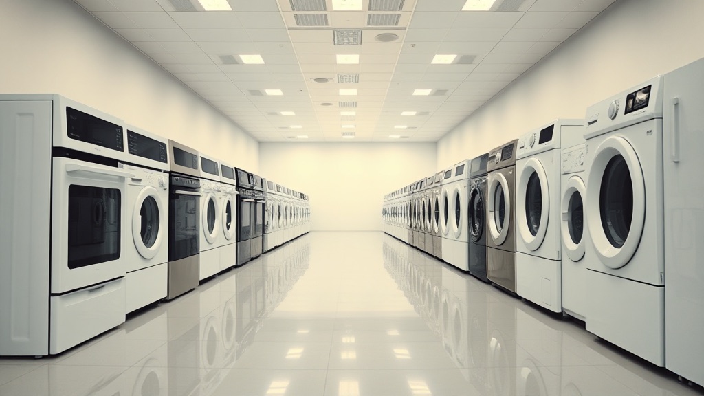 An aisle of white and stainless domestic appliances receding down an empty showroom.