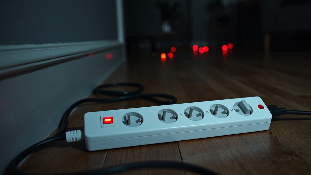 A power strip on a wooden floor with five plugs connected, its pilot lamp and several distant appliance standby lights glowing in a dark room.