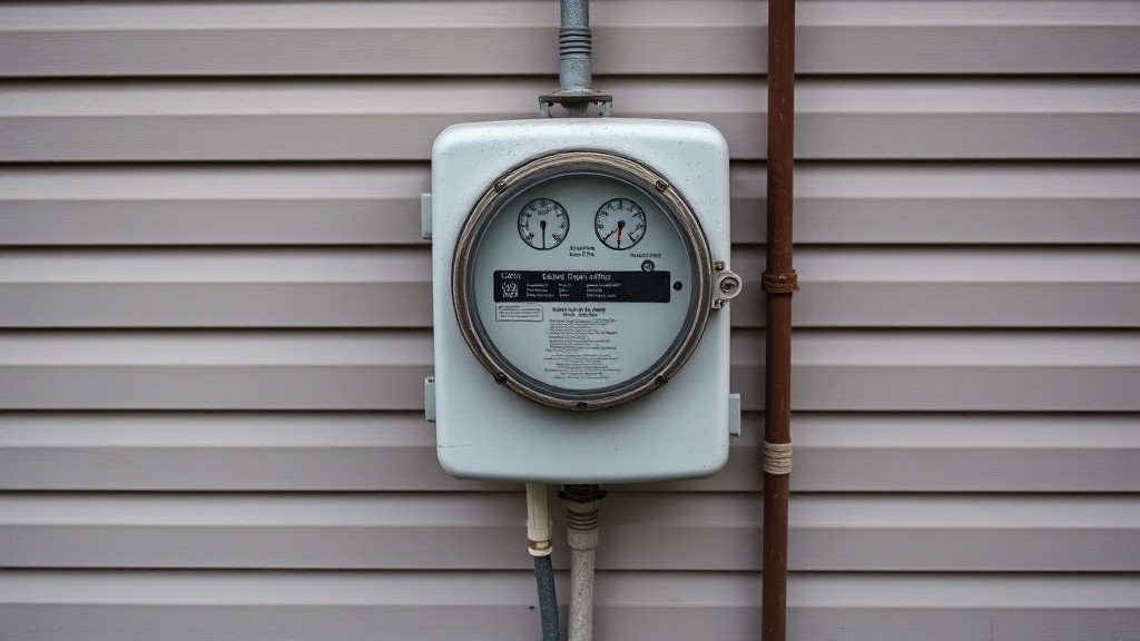 A residential electricity meter in a weathered clear enclosure mounted on the exterior siding of a house.