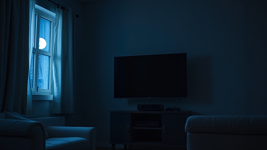 A living room at night lit by moonlight through a window, a television and a set-top box on a cabinet with their standby lights showing.