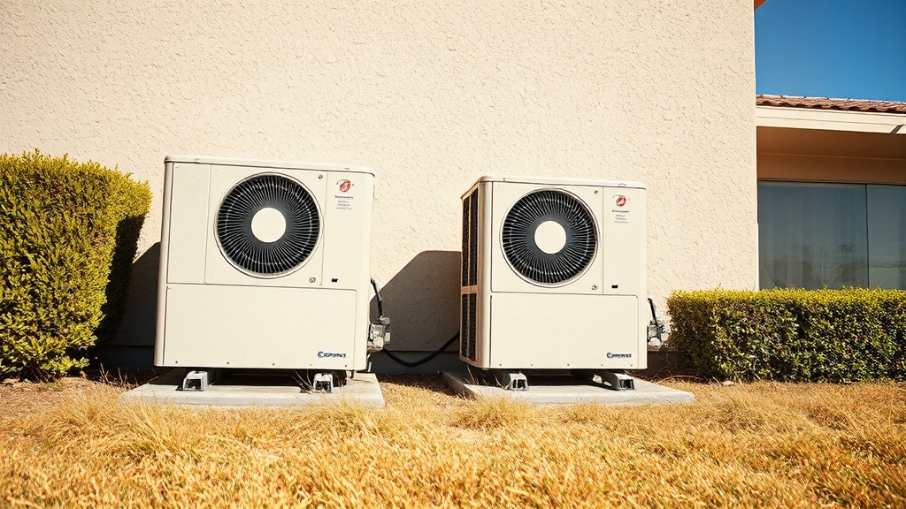 Two air-conditioning condenser units on a concrete pad beside a stucco wall in hard midday summer sunlight.