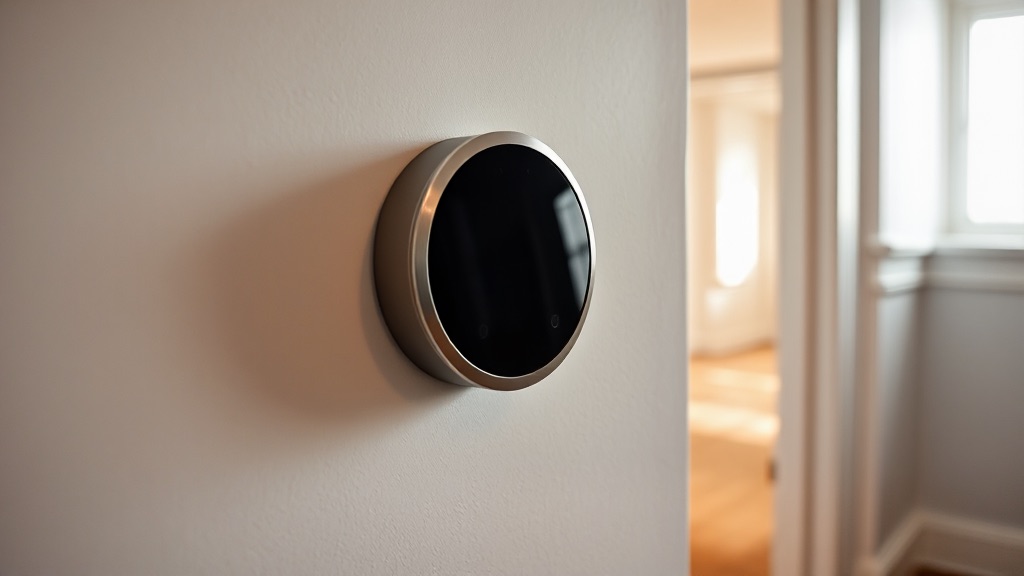 A round wall thermostat with a brushed metal ring and a dark, unlit display on a plain painted interior wall.