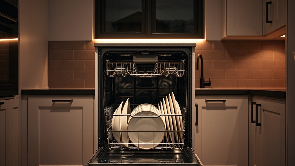 An open dishwasher with its lower basket loaded with plates and glasses, in a kitchen lit only by an under-cabinet strip at night.