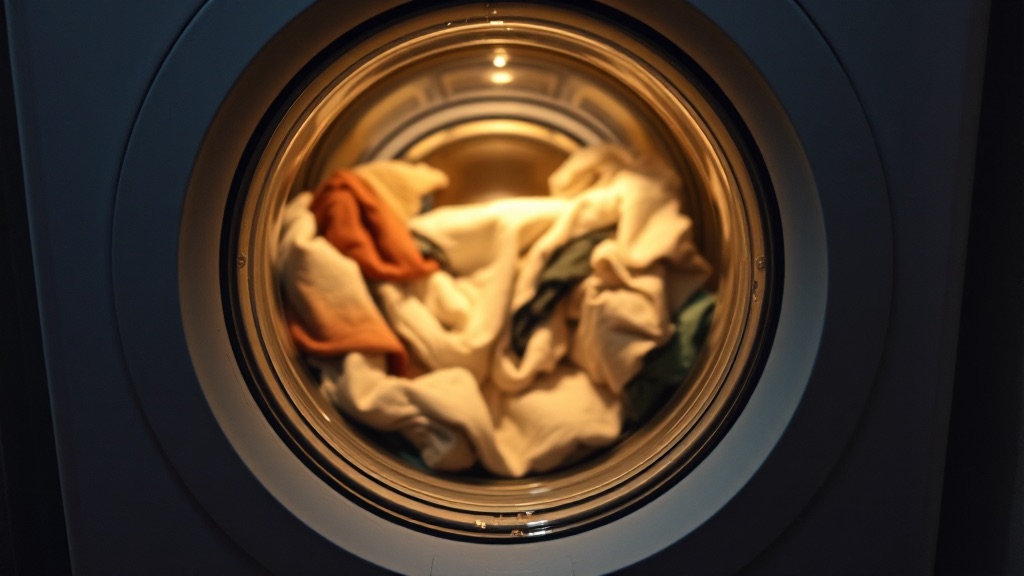 The lit round door of a washing machine mid-cycle, clothes tumbling behind the glass in a dark room.