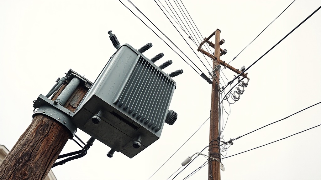 A pole-mounted distribution transformer seen from below against an overcast sky, service wires fanning out from it.