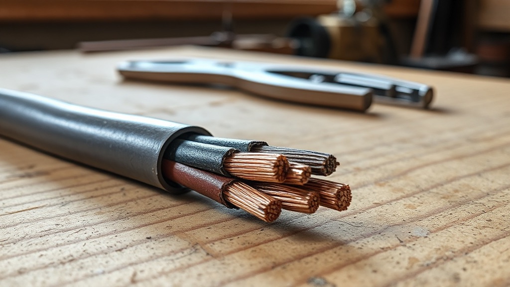 A cut length of electrical cable on a workbench with the outer sheath stripped back, showing the bare stranded copper conductors fanned out.