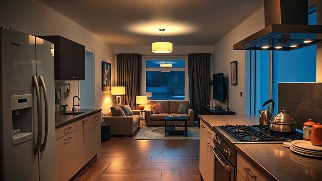 An open-plan kitchen and living room in the evening, lamps lit over the worktop and seating area.