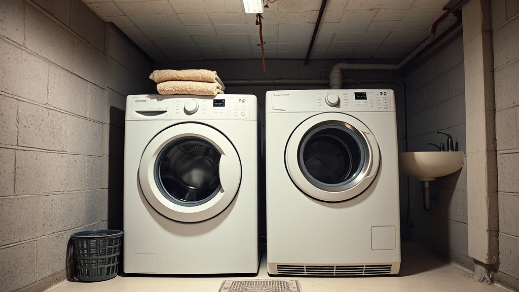 A washing machine and an electric tumble dryer side by side in a basement laundry room, the dryer running.