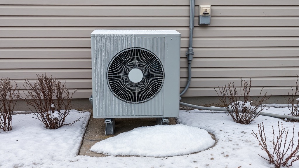 The outdoor unit of an air-source heat pump on a house wall, its casing and fan grille covered in frost, snow banked against the pad below.